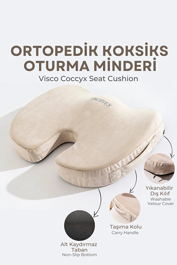 Visco Ortopedik, Kaydırmaz Tabanlı, Ofis, Araba, Koksiks Oturma Minderi, 45x34x7cm